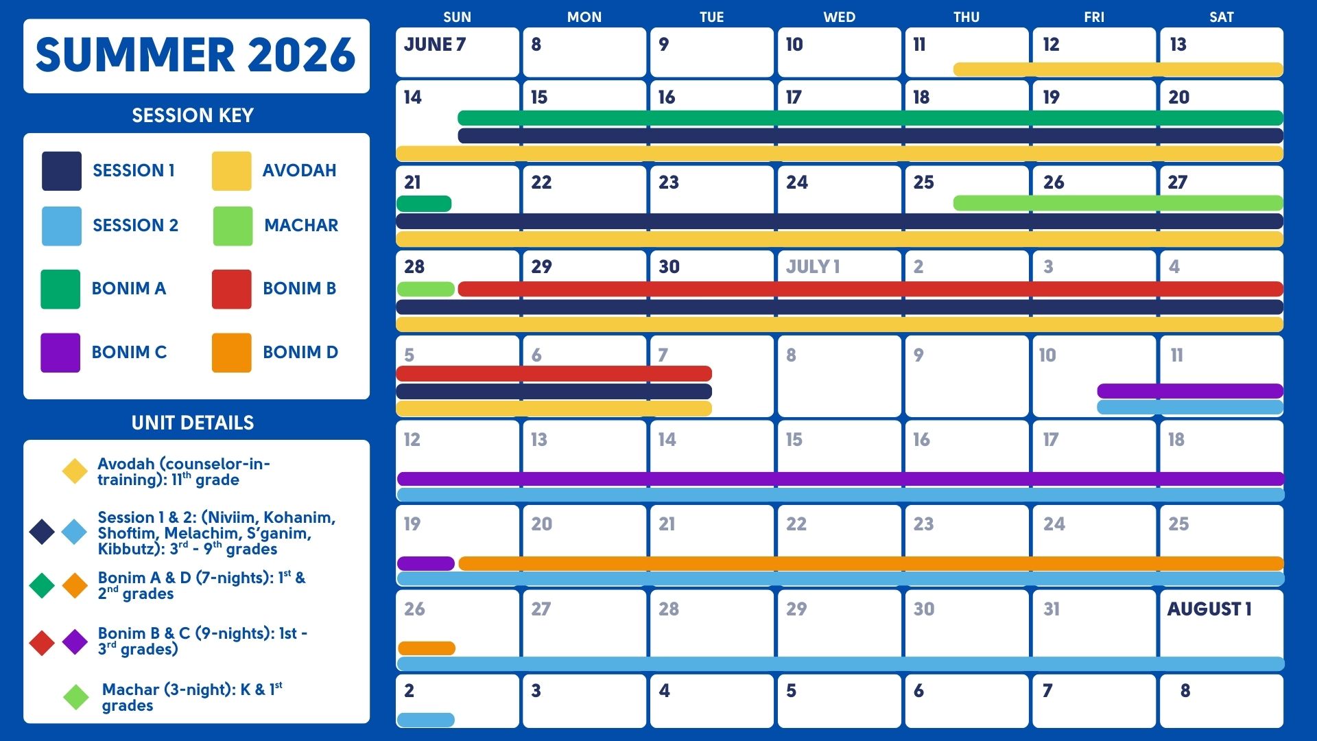 Summer 2026 Dates calendar of June-August 2026, showing the different sessions.